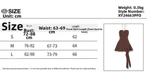 Size chart for halter backless dress with fringe detailing, measurements in centimeters