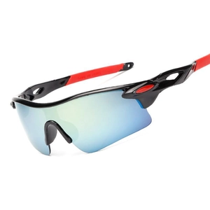 Black semi-rimless cycling sunglasses with gradient color lenses and red temples