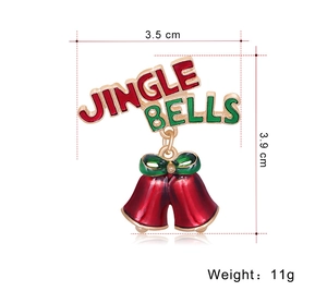 Detailed size view of Jingle Bells Christmas brooch with red green enamel and gold plating
