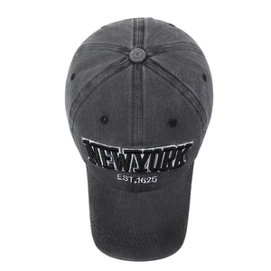 Washed dark grey baseball cap with New York 1625 3D embroidery on soft cotton fabric