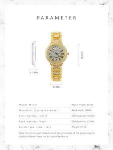 Detailed size chart for the gold crystal luxury quartz watch with Roman numeral dial