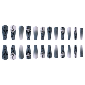 Detail of 24pcs long coffin press-on nails with blue marble and glitter gradient design