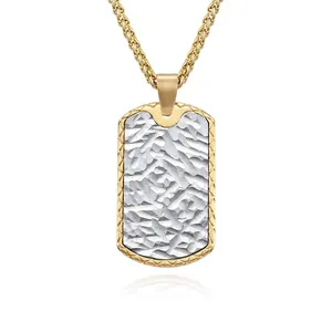 Men's rectangular dog tag necklace with textured silver bark pattern and gold wheat chain