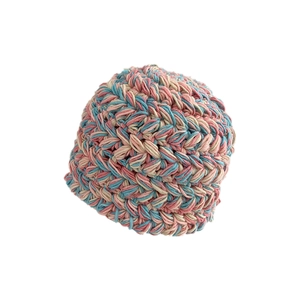Colorful chunky knit beanie hat in pink blue and beige for winter warmth and comfort