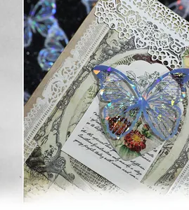 Macro detail of vintage laser butterfly stickers with delicate white lace border decorations