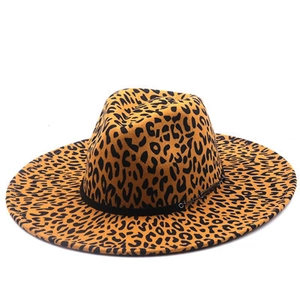 Detail of wide brim leopard print fedora hat with black decorative ribbon band