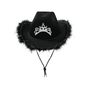Barbie Y2K style black cowgirl hat with feather trim and rhinestone crown detail