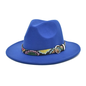 Detail of royal blue wool fedora hat featuring a snake print band and gold metal buckle