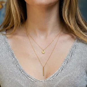 Minimalist Stainless Steel Double Layer Necklace For Women Geometric Rectangle And Circle Pendant Layered Jewelry Gift