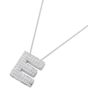 Close-up of a silver letter E pendant with cubic zirconia inlay on a box chain necklace