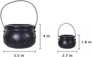 Detailed dimensions for small and large black Halloween witch cauldron buckets with handles