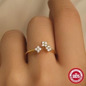 S925 sterling silver gold-plated open ring with sparkling triple clover diamond petals