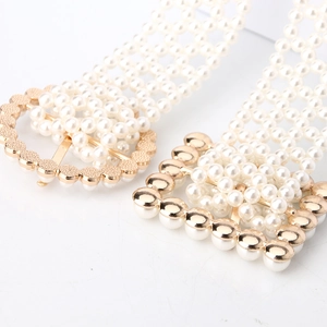 Elegant women pearl waist chain belts with round and square gold metal buckles for dresses