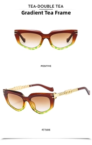 Detail of cat eye sunglasses with gradient frames and golden metal chain temples