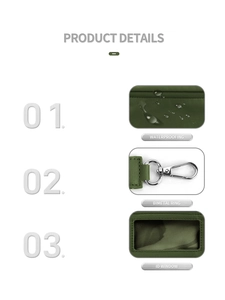 Detalle de tela verde impermeable, anillo bimetálico y ventana de ID en el bolso de muñeca