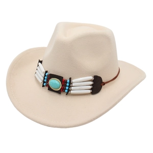 Western Cowboy Hat Vintage Felt Wide Brim Ethnic Beaded Band Turquoise Bohemian Style Retro Jazz Fedora For Women Men