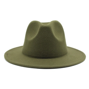 Detail of army green felt fedora hat featuring classic wide brim and textured wool finish