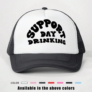 Close-up of Support Day Drinking trucker hat with black mesh and printed white foam front