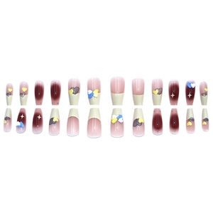 Long coffin press-on nails with deep burgundy gradient and 3D heart star charms
