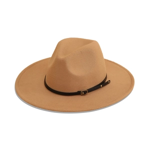 Detail of camel wool fedora hat with black leather band and metal buckle accessory