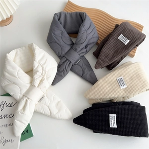 Quilted cross-over neck warmer scarves in beige, grey, and brown for winter warmth