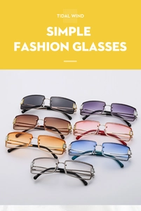 Detailed macro shot of rectangular rimless metal sunglasses in seven vibrant lens colors
