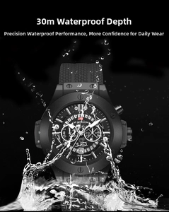 Close-up of waterproof sports watch with black matte bezel and water splash effect