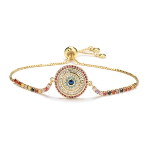 Rainbow cubic zirconia evil eye bracelet with adjustable sliding gold chain for women