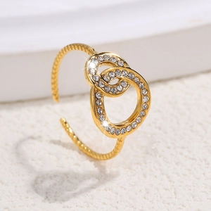 Detailed view of a gold-plated adjustable double-layer ring with sparkling zircon stones
