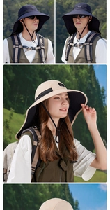 Outdoor wide brim sun hat with neck protection and windproof cord for hiking gear