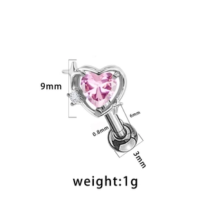 Detailed macro view showing dimensions of heart-shaped pink zircon tragus stud earring