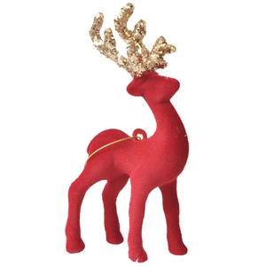 Red flocked Christmas reindeer ornament with golden glitter antlers for tree decoration