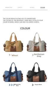 Four available colors for travel bags including wheat, gray, blue and black canvas options