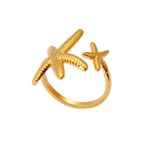 Detailed view of gold starfish open ring with realistic bio-inspired textures on white base