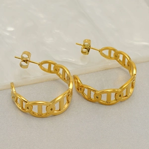 Hollow Link Earrings 18k Gold Plated Stainless Steel Geometric C Shape Hoop Minimalist Fashion For Women