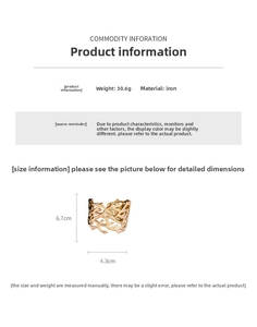 Detailed specs for gold hollow coral textured cuff bracelet in iron material