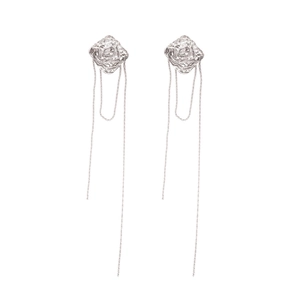 Silver rose flower earrings with long hanging tassels and irregular textured metal finish