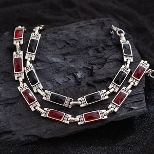Vintage Rectangular Red Black Gemstone Bracelet For Women Silver Tone Copper Rhinestone Geometric Link Chain Jewelry