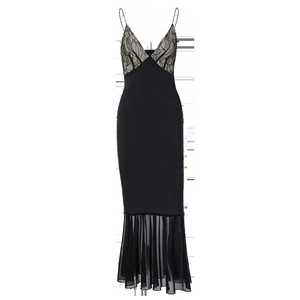 Detailed view of black slim-fit dress with lace embroidery and mesh mermaid hemline