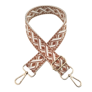 Detail of 3.8cm jacquard woven crossbody strap with gold metal hooks and geometric pattern