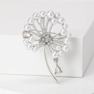 Élégante broche pissenlit argentée avec perles blanches et strass brillants pour femmes