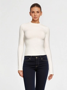 T-shirt blanc à manches longues et col rond pour femme en coton thermique ajusté