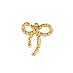 Macro shot of gold-plated stainless steel bow pendant with a twisted rope texture