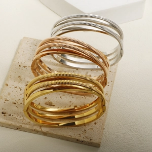 Minimalist Stainless Steel Multi-Layer Bangle For Women 18K Gold Plated Woven Texture Geometric Open Cuff Bracelet Fashion Jewelry Gift