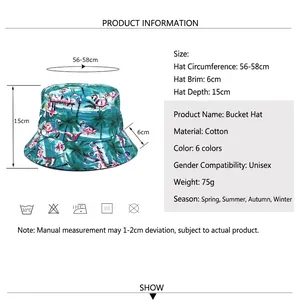 Unisex cotton bucket hat with tropical flamingo and palm print for outdoor sun protection
