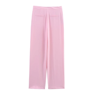 Detail view of pink high-waisted wide-leg trousers with elegant back pocket design