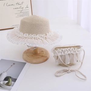 Girls summer straw hat and crossbody bag set with lace trim and sequins decoration