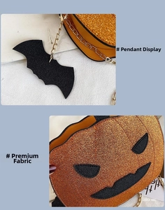 Detail of glitter fabric and bat charm on orange pumpkin sequin Halloween chain bag