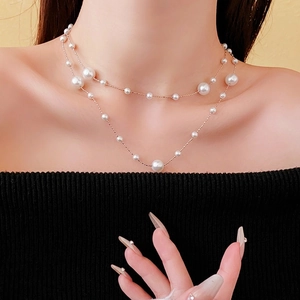 Double Layer Necklace With Copper Chain And Imitation Artificial Pearls Vintage Simple Clavicle Chain For Women Elegant Fashion