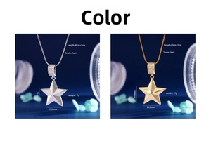 Close-up of gold and silver pentagram star pendants on snake chains with dimensions